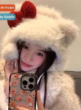 Cute cat bow plush hat Korean winter girl heart fashi warm L