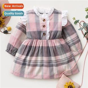 childrens Autumn plaid sleeved new 2021 Spring Girls