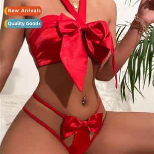 wrap erotic bra point crotchles tie satin bow Three lingerie