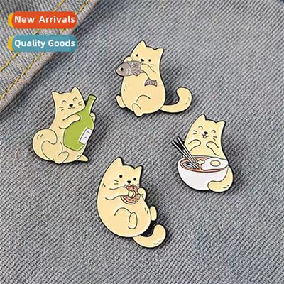 Carto cute cat eating fish drinking noodles metal paint broo