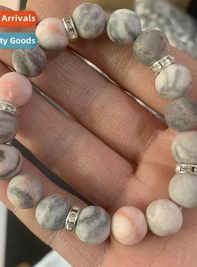 New 10mm Pink Zebra Ste Beaded Bracelet wh Diamd Ring Stchy