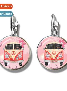 Peace Sign Van Bus Earrings Hippy Car Badge French Hook Earr
