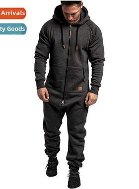 New Mens Hooded Fleece Jumpsu Solid Colorblocking Casual Men