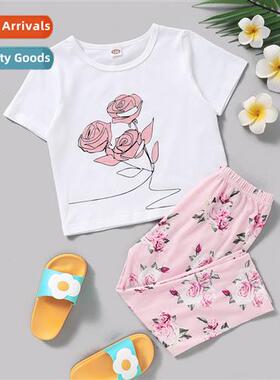 Girls spring  fall 2021 new n short-sleeved rose print top +