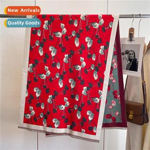 New elegant floral scarf female winter wild red shawl holida