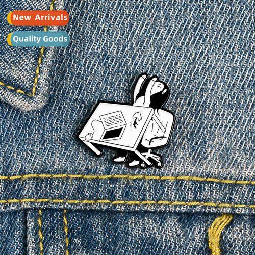 Tired  working girl enamel alloy pin black and whe pin backp