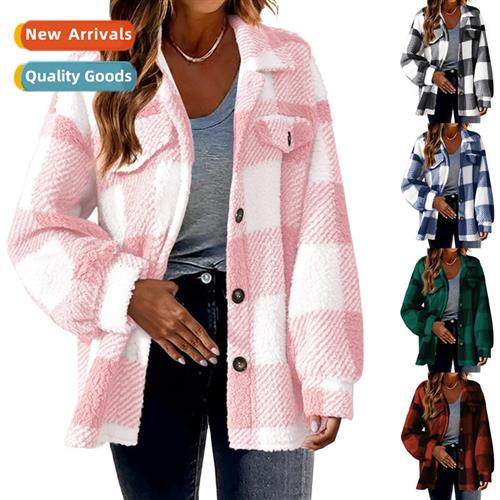 Womens 2023 new fall  winter wh pockets plaid lambswool jack