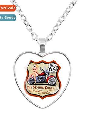 Classic Route 66 Bike Race Party Peach Heart Necklace Gift G