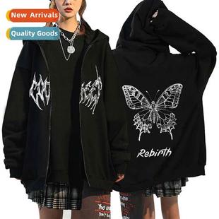 Dark Hip Hop Gothic Harajuku Y2k Butterfly Zipper Hoodie Men