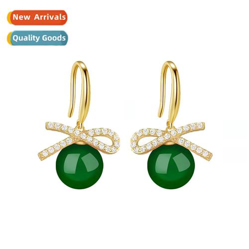 Natural black blue red yellow whe green agate bow earrings f