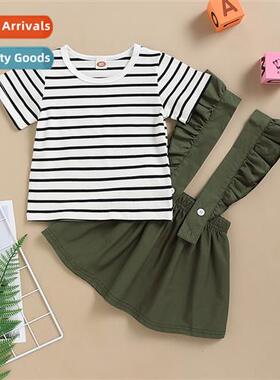 Girls spring  autumn  2021 new n striped short-sleeved top +