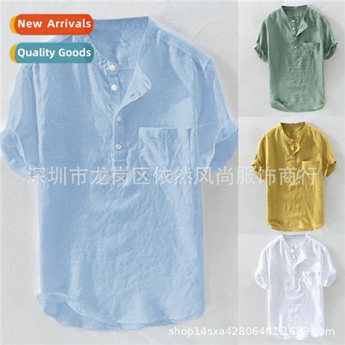 Mens pullover shirt cott linen casual t-shirt solid color sm
