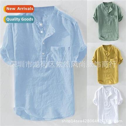 Mens pullover shirt cott linen casual t-shirt solid color sm
