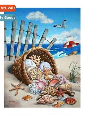 Hmade full embroidery shell starfish beach lscape cross stch