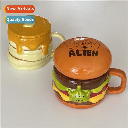 Cute carto hamburger ceramic cup wh lid household mug large