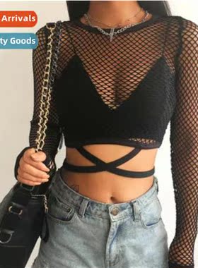 ins fashi 2022 spring  summer new tide grid round neck hollo