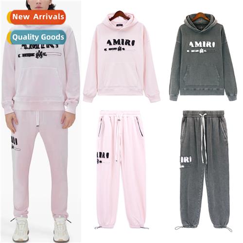 Tide Am washed  worn high set embroidered hooded sweatshirt