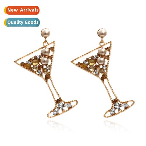 Earrings female hollow alloy wh pearl wine glass earrings ex