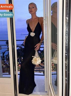 2023 Halter Deep V Neck Floral Sexy Backless Dress ins Frenc