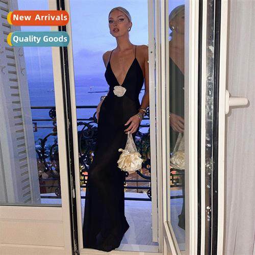 2023 Halter Deep V Neck Floral Sexy Backless Dress ins Frenc