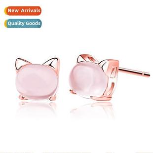n sweet  lovely girl pink crystal cat earrings female natura