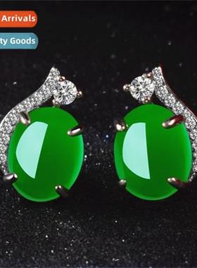 n  silver-plated chalcedy earrings female green agate crysta