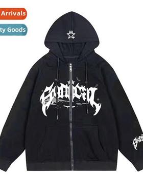 American new retro zipper hooded padded sweater gothic lette