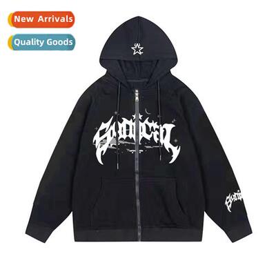 American new retro zipper hooded padded sweater gothic lette