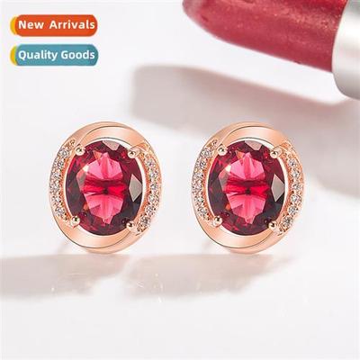 n diamd-set zircia oval earrings female plating 14K gold ros