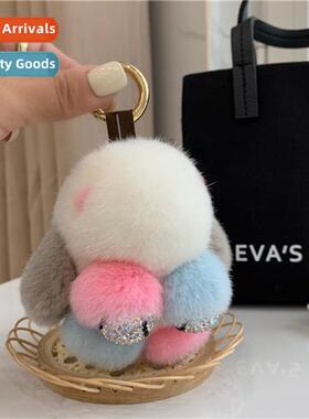 Mink Rabb Bag Pendant Plush Colorblocking Diamd Bunny Keycha