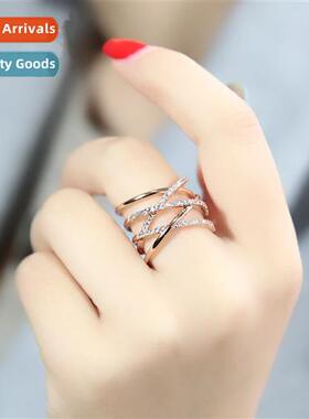 n silver-plated double lines set diamd ring female simple ex