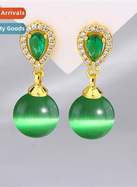 Jade green cats eye ste zirc earrings female imati chalcedy