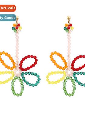 Korean glazed beaded flower earrings lg h-woven flowers dais