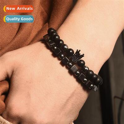 Jewelry Obsidian Mens Bracelet Braided Rope Set Crown Bracel