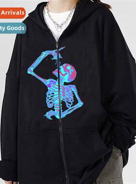 2023Y2K Dark Gothic Skull Zipper Sweatshirt Fall  Winter Fle