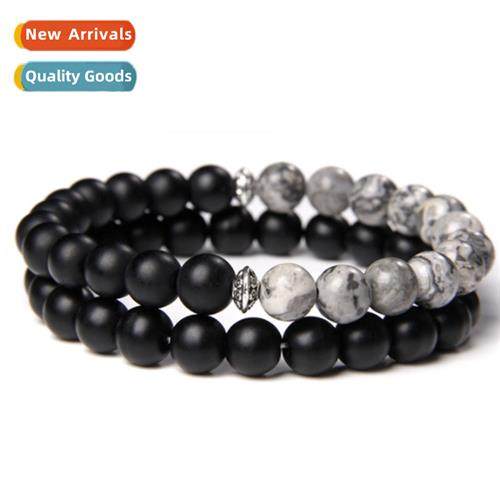 2 Piece Wooden Bead Bracelet Black Frosted Charms Mens Brace