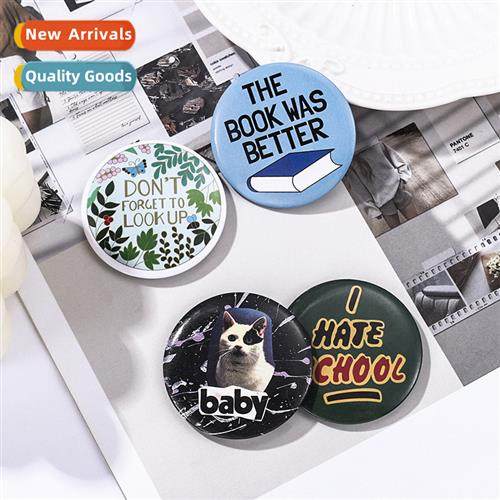 New round simple carto pattern tinplate brooch English lette