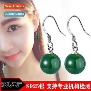 12MM green agate S925 female silver earrings short sterling