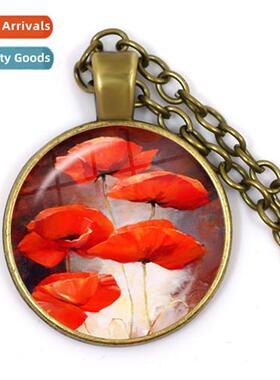 Vintage Poppy Pattern Brze Tie Glass Round Pendant Necklace