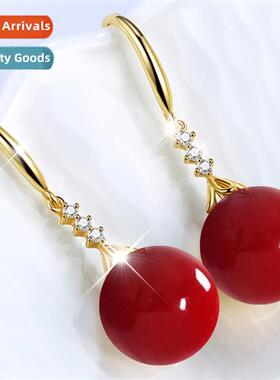 Jewelry acrylic wh zircia red round beads imati pearl earrin