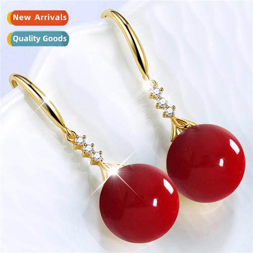 Jewelry acrylic wh zircia red round beads imati pearl earrin
