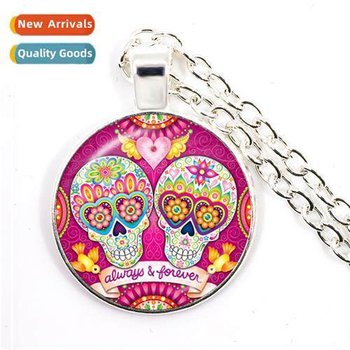 Classic Candy Skull Necklace Glass Dome Skelet Pendant Silve