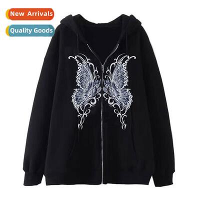 Dark wind hip-hop gothic Harajuku Y2k skull butterfly ir zip