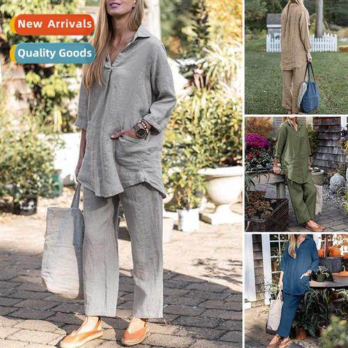 2023 Set Loose Lapel Lg Sleeve Shirt Wide Leg Pants Solid Co