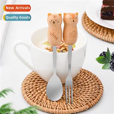 Wooden dessert fork  o cute carto animal wooden hle stainles