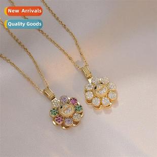 Diamd Necklace Colorful Sunflower Rotatable Women