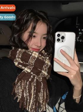 Retro color blocking plaid scarf Korea ins autumn  winter lg