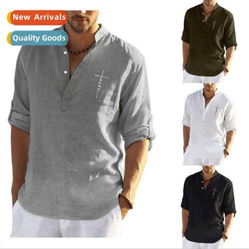 2023 new mens casual cott linen solid color lg-sleeved shirt