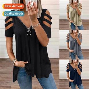 Zipper Color New Solid Sleeve Short Neck Sexy Summer 2021