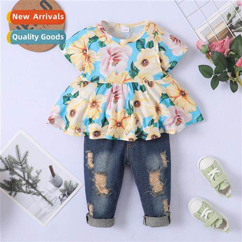 Girls spring  fall  2023 new n flowers printed short-sleeved